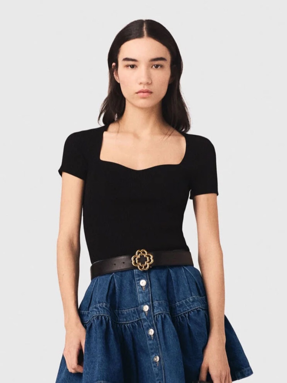 Maje Moka square sweetheart neck black ribbed knit short sleeve top